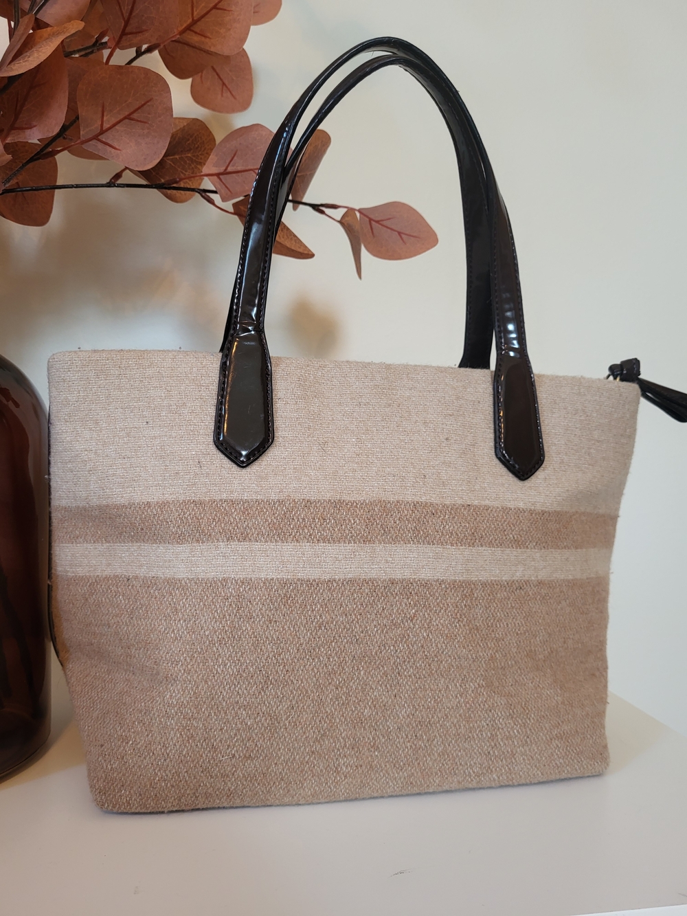 Coach Signature Stripe Wool Tote Bag with Brown Patent Handles - Picture 3 of 6